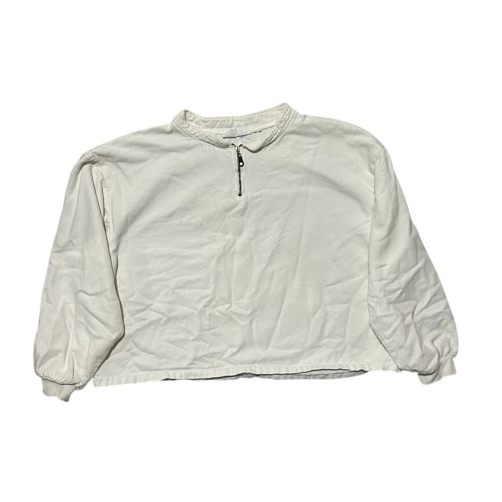 Diane Wat White‎ Quarter Zip Long Sleeve Cropped Sweatshirt Women's Pullover O/S